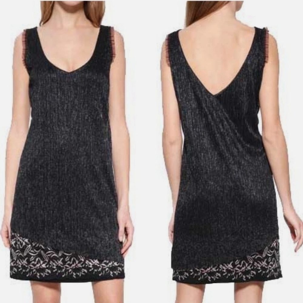 Desigual Black V-Neck Mini Dress with Embroidered Hem
